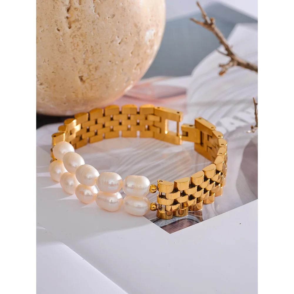 Pulseira Grossa com Pérolas Ouro 18K