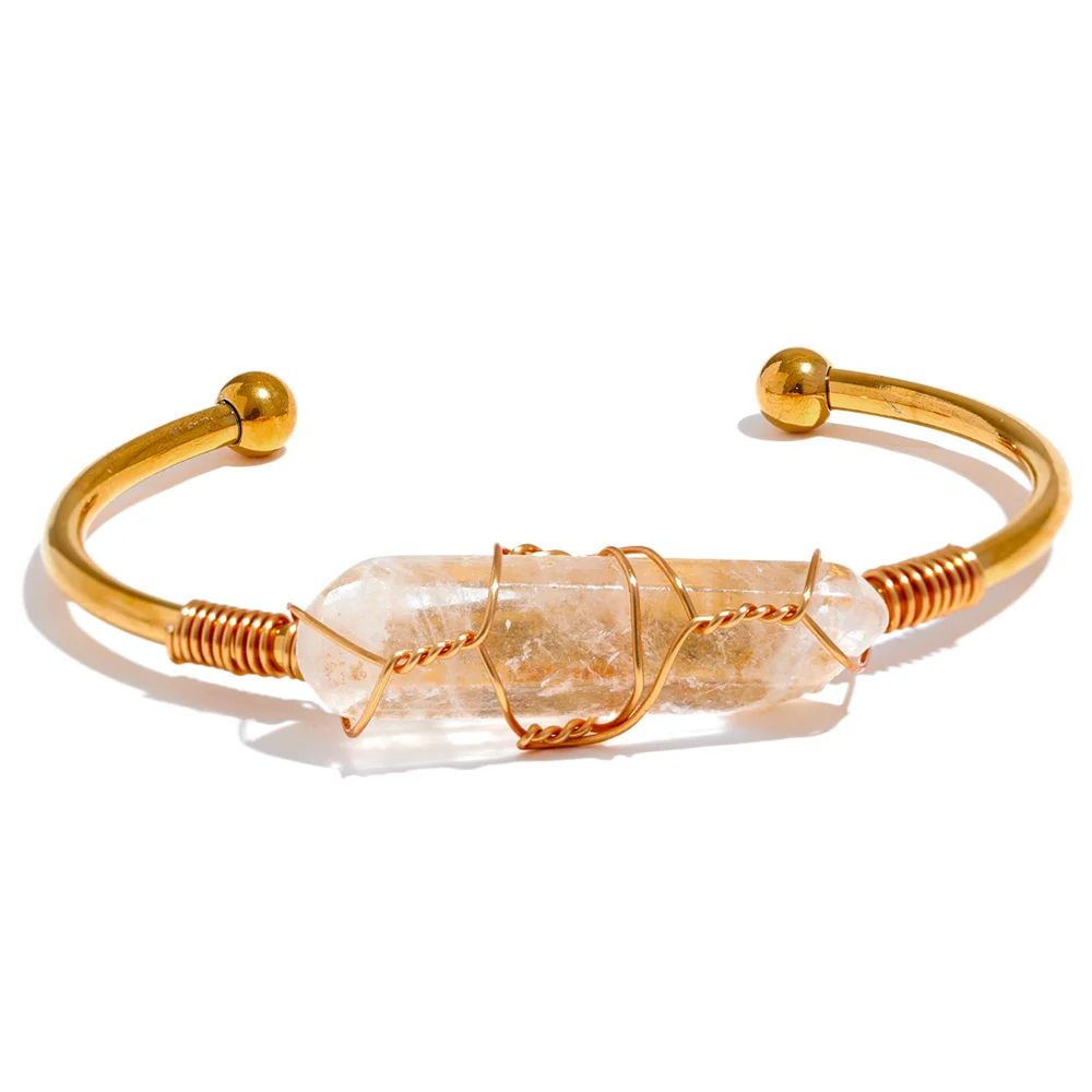 Bracelete Aberto com Quartzo Natural Banhado a Ouro 18K