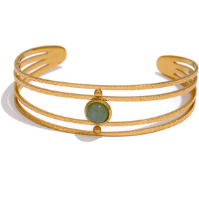 Bracelete Aberto Com Pedra Verde Banhado a Ouro 18K